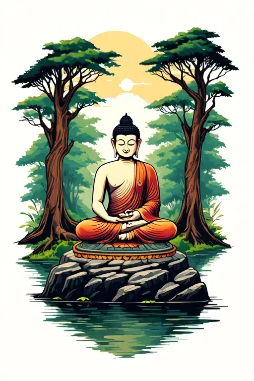 Buddha Sitting On A Rock In Meditation In A Forest