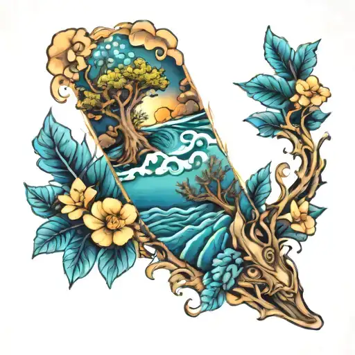 Leg Sleeve Tattoo Featuring Ocean And Forest