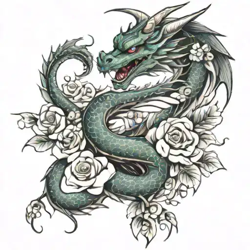 Dragon Wrapping Around Roses And Cherry Blossoms