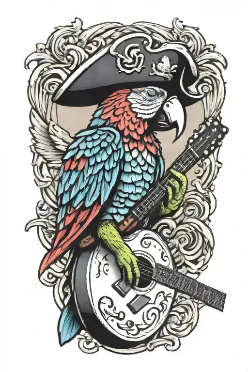 Parrot Pirate Hat Perched On Guitar