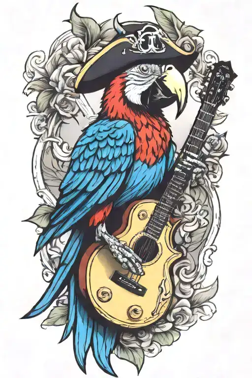 Parrot Pirate Hat Perched On Guitar