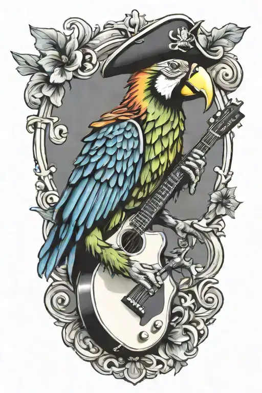 Parrot Pirate Hat Perched On Guitar