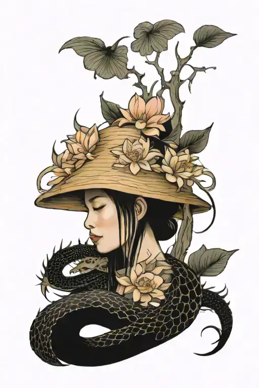 Vietnamese Girl In Straw Hat In Front Of The Vietnamese Dragon With Lotus Flowers