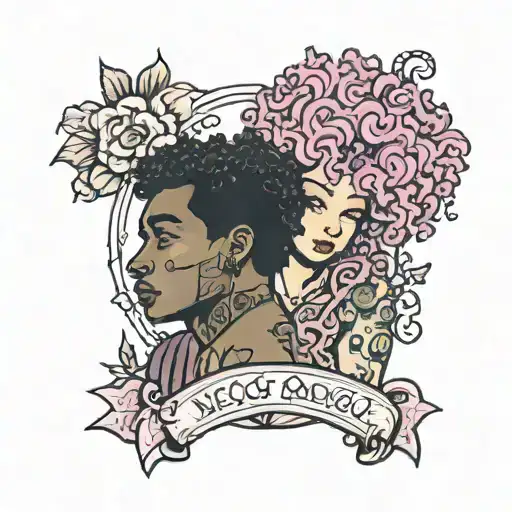 Girl With Curly Mauve Hair And Tall Black Boy Hugging