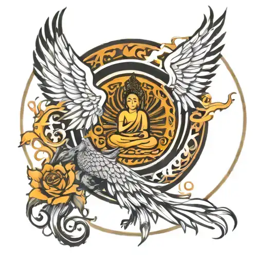 Budha In Black Circle With Phoenix Wings On Sight