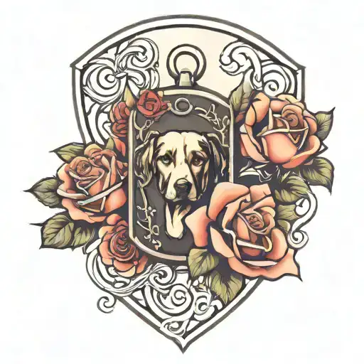 Dog Tag And Roses Intertwined