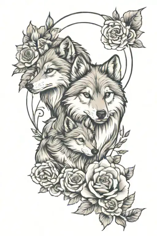 Grown Wolf And Baby Wolf Blended By Roses