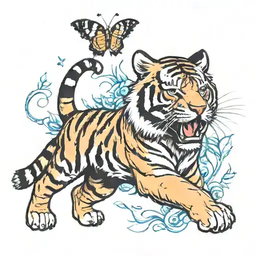 Tiger Catching A Butterfly In The Air