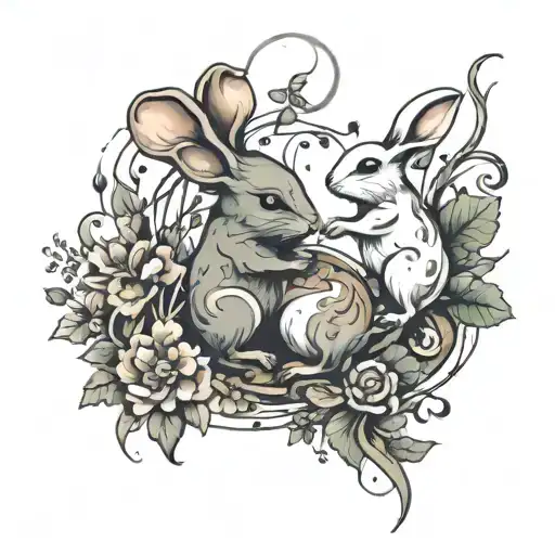 An Abstract Design Featuring A Mouse And A Rabbit Intertwined In A Dance Of Nature