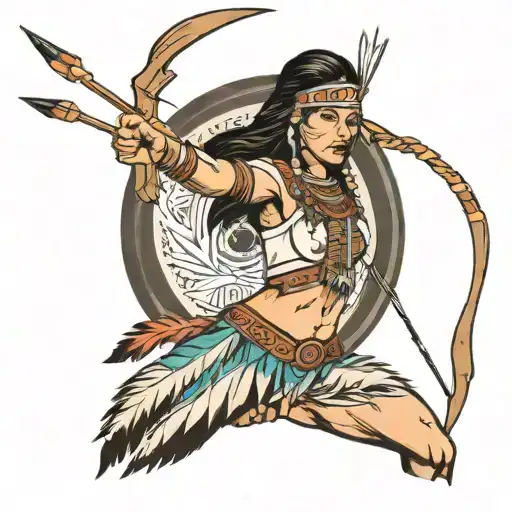 Woman In Native American Costume Pointing Bow And Arrow
