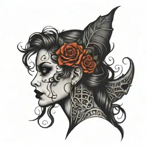 Halloween Beautiful Goth Woman Profile Face Tattoo Designs Blackwork White Backgroun