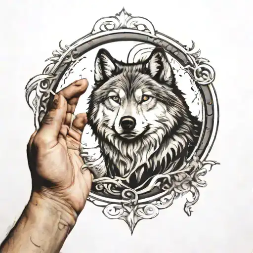 Realistic Wolf With Moon Rising Hand