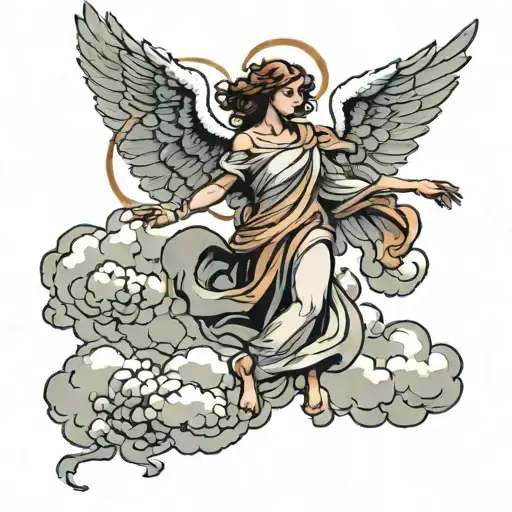 A Falling Angel Reaching Towards The Sky Surrounded By Clouds
