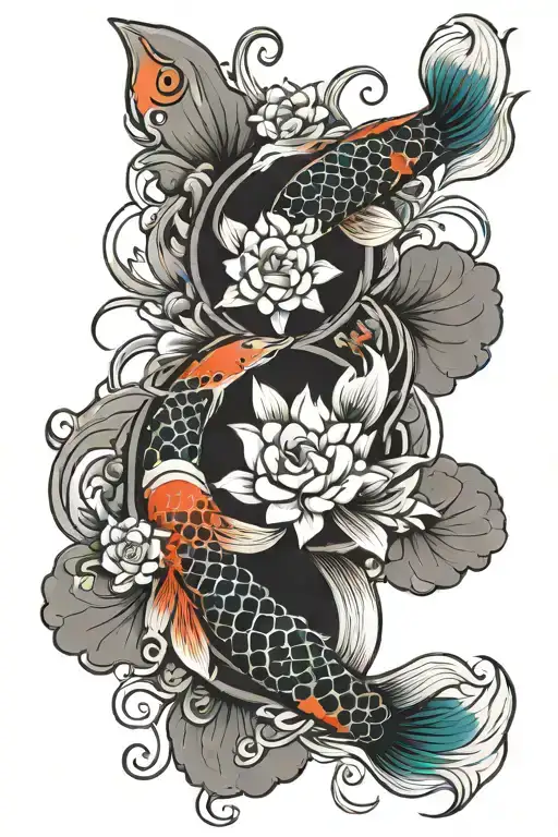 Koi Fish Ying Yang Flower Blooming