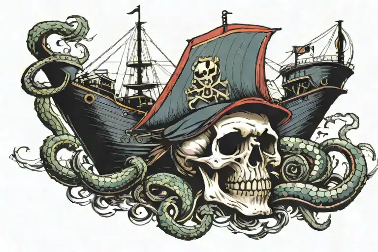 Skull With Snake And Ship Sailing