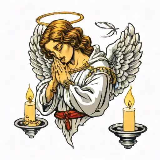 Angel Praying Holding A Rosary Beads On Top Of A Candle