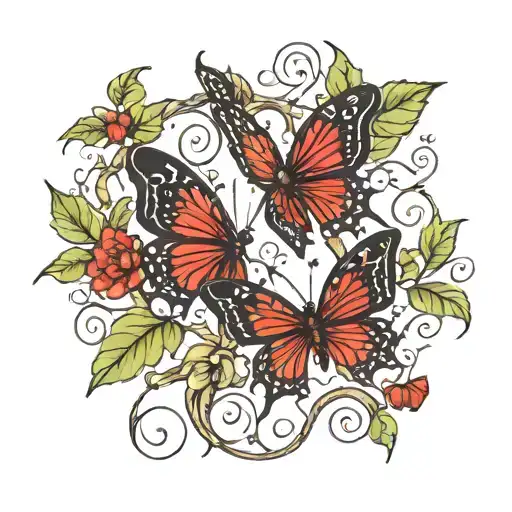 Red And Black Butterflys With Leaves On Vines