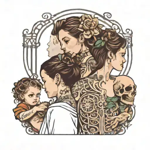 Woman And Daughter Watching Son Walk Into Gates Across Chest