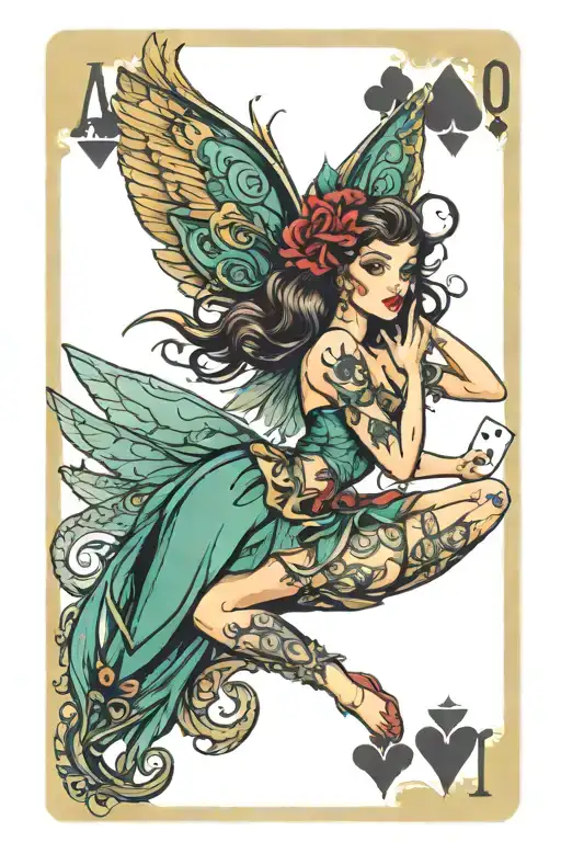 Pinup Fairy With Wings Playing Cards Surrounded By Tribal Pattern