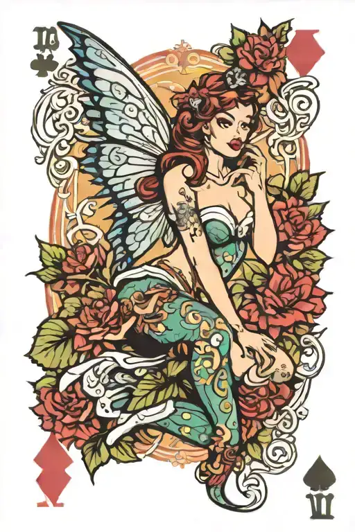 Pin Up Fairy With Wings Playing Cards With Tribal Garden Background