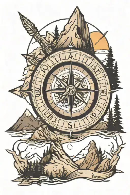 Compass And Mountains With Arrow Going