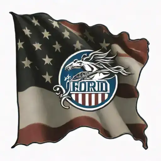 Ford Mustang Logo In Front Of American Flag Waving