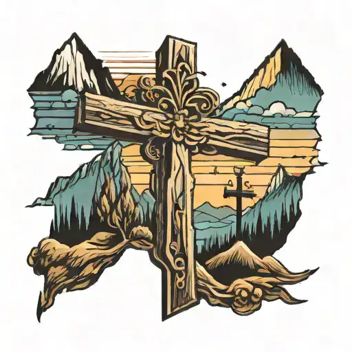 Wooden Cross With Sunset And Mountains