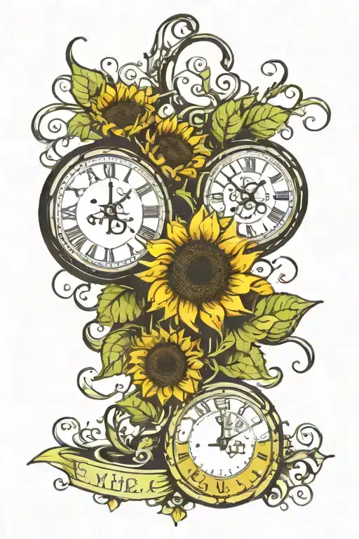 Sunflower Field With Two Clocks And Lime Green Ribbon