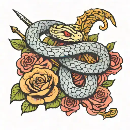 Snake Wrapped Around A Sword With Roses