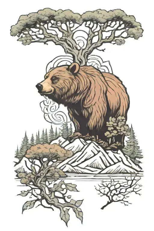Bear Head Norse Trees Viking Mountain Landscape Salmon