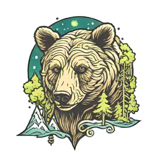 Bear Head Aurora Borealis Trees Mountains Forest Norse