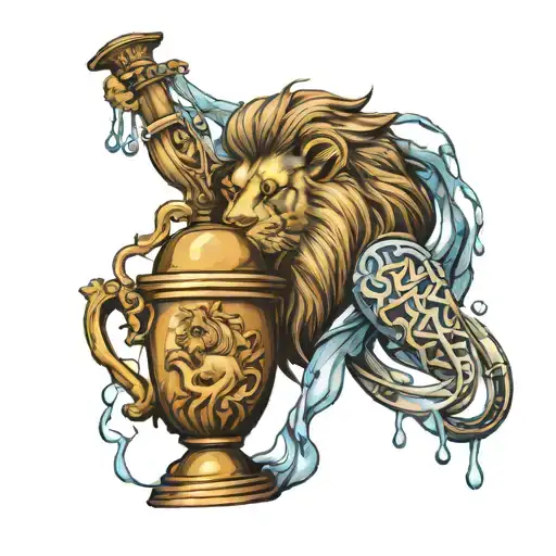 A Realistic Lion Head Profile Holding With An Amphora Who Spill Water Around Scale Of Justice