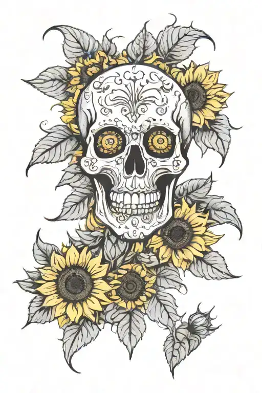 Skull Surrounded By Sunflowers