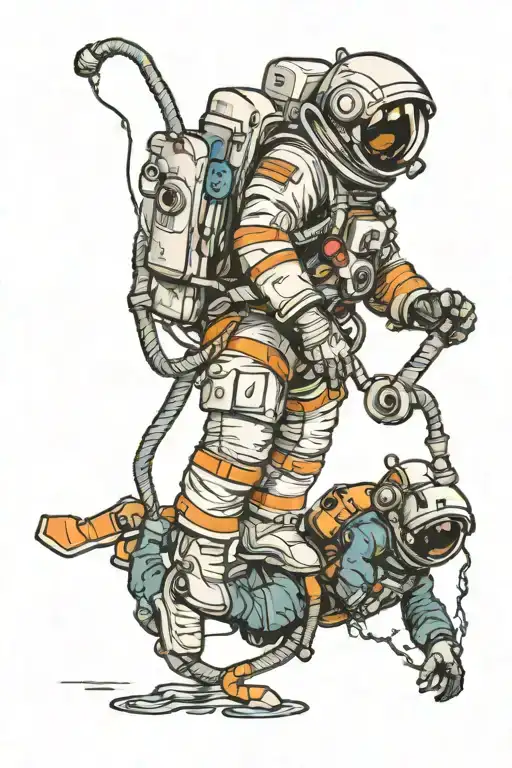 An Astronaut Reaching Up Connected By An Oxygen Tube To A Scuba Diver Trying To Swim Deep Below Them