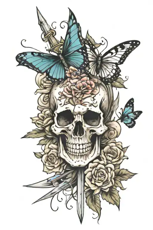 Skull With A Dagger Surrounded By Flowers And Butterflies