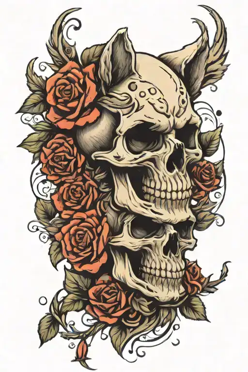 Skull Roses And Wolf Head