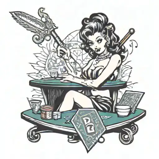 Pin Up Girl With Poker Table And Dagger
