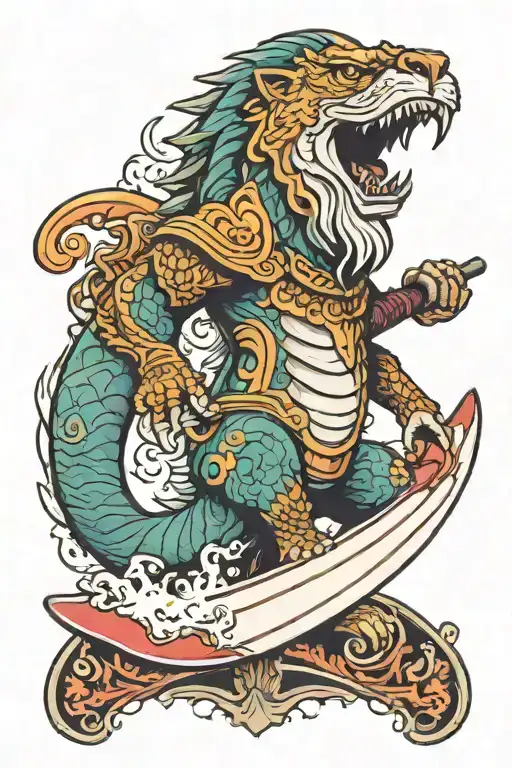 Scary Merlion Holding A Surfboard