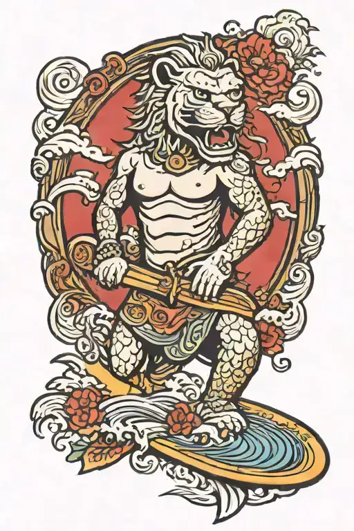 Scary Singapore Merlion Holding A Surfboard