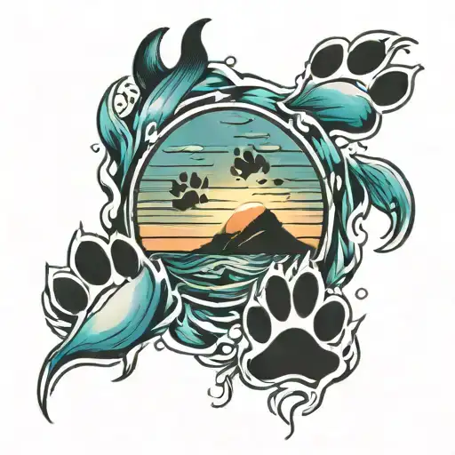 Paw Print And Ocean Sunset