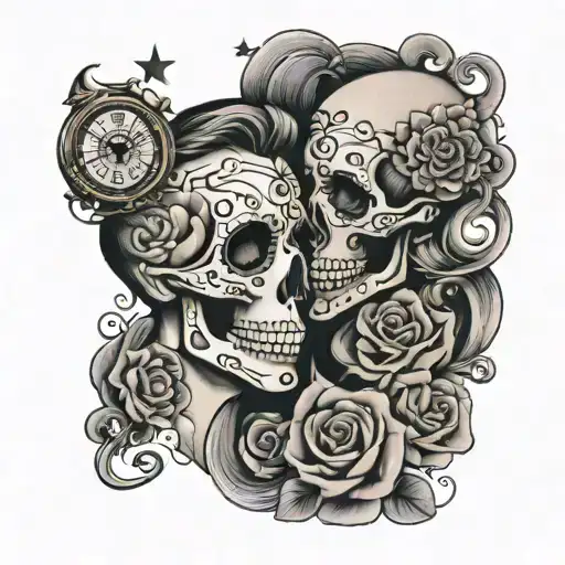 Sugar Skull Kissing Skull On Cheek And Time Piece And Stars And Clouds And Flowers