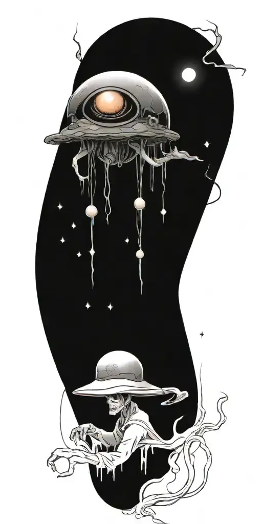 Trippy Tattoo Design Incorporating Extra Terrestrial Elements Of Darkness