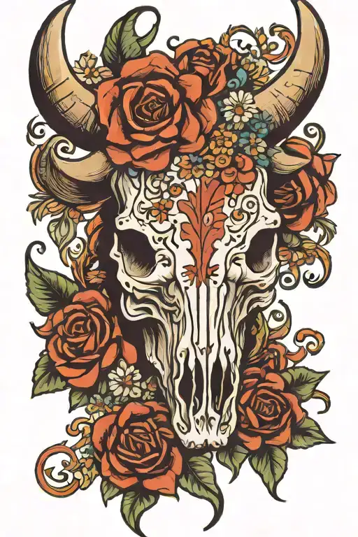 Bull Skull Western Style With Flowers