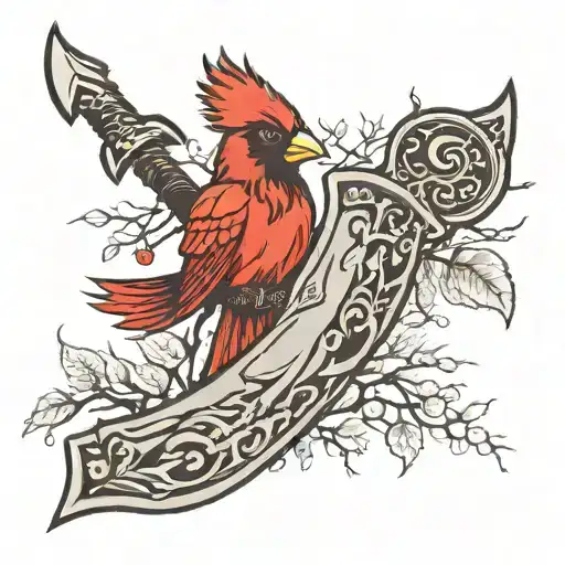 Viking Axe And Viking Tree With Cardinal Forearm Sleeve Tattoo Black And Grey