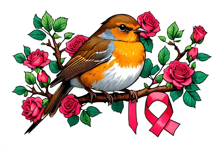 Robin Sitting On Branch With Roses Around It With A Cancer Ribbon Hanging On The Branch