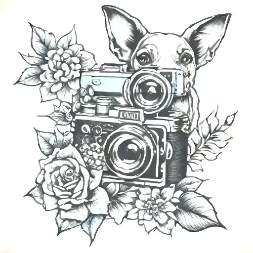 Camera And Flowers And Dog