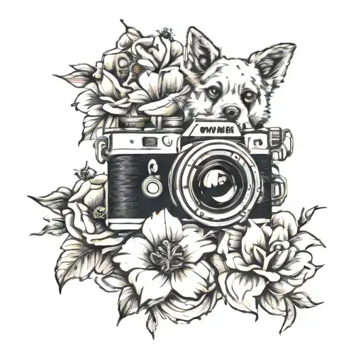 Camera And Flowers And Dog Paw