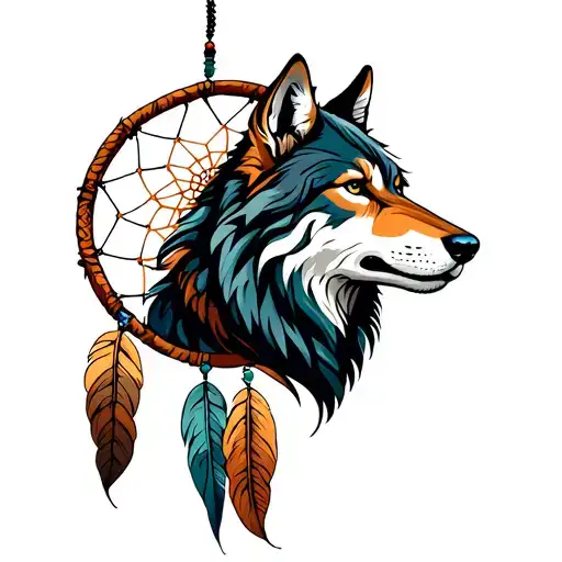 Dreamcatcher Featuring A Wolf On The Right Hand Side