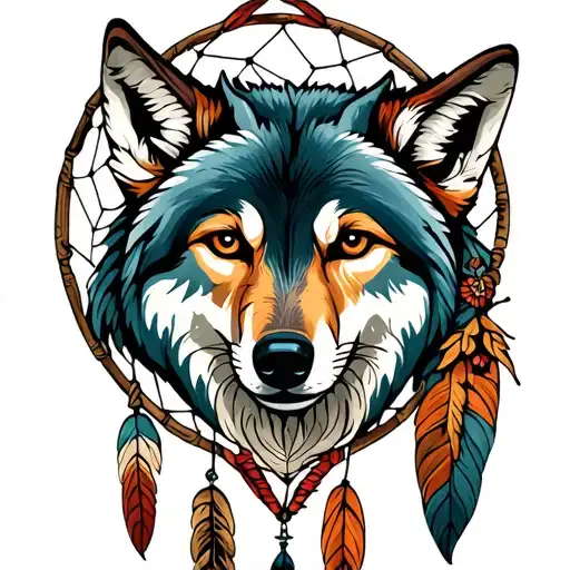 Dreamcatcher Featuring A Small Wolf On The Right Hand Side