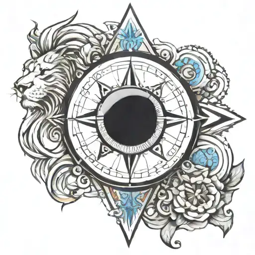 Get A Tattoo That Is Black And White But Has A Lion And A Compass And A Blue Human Eye